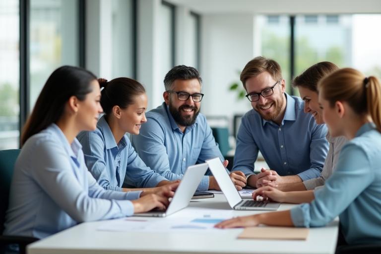 Professional team members in a logistics office environment.
